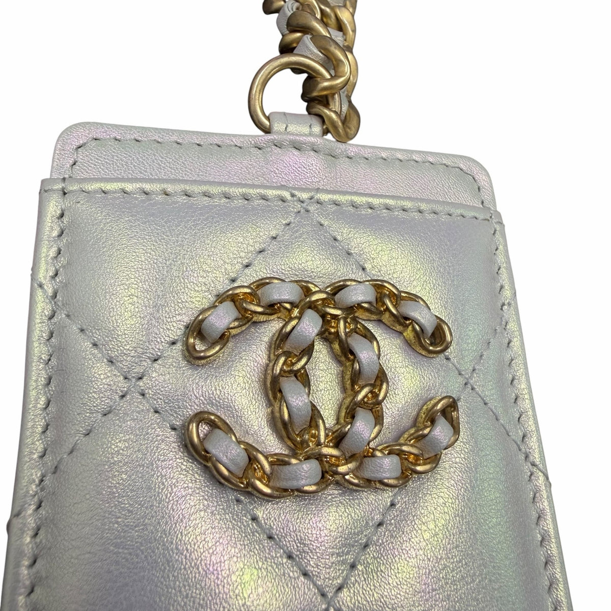 Chanel Quilted Iridescent Calfskin Card Holder On Chain White Luxury Designer