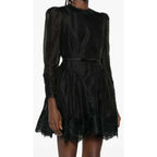 NWT Zimmermann Hypnotic Lace Trim Belted Linen Silk Mini Dress Black US 4