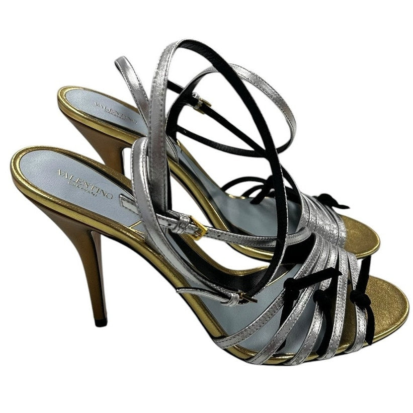Valentino Garavani Gold Silver Black Nodine 100mm Sandals Womens 39 / US 9