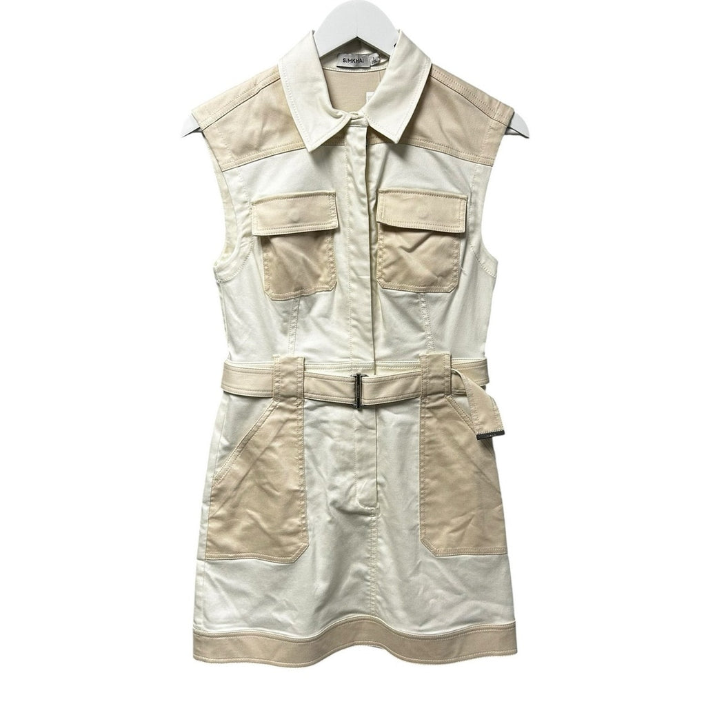 NWT Simkhai Ivory Multi Stretch Denim Esmee Belted Mini Dress Womens 2