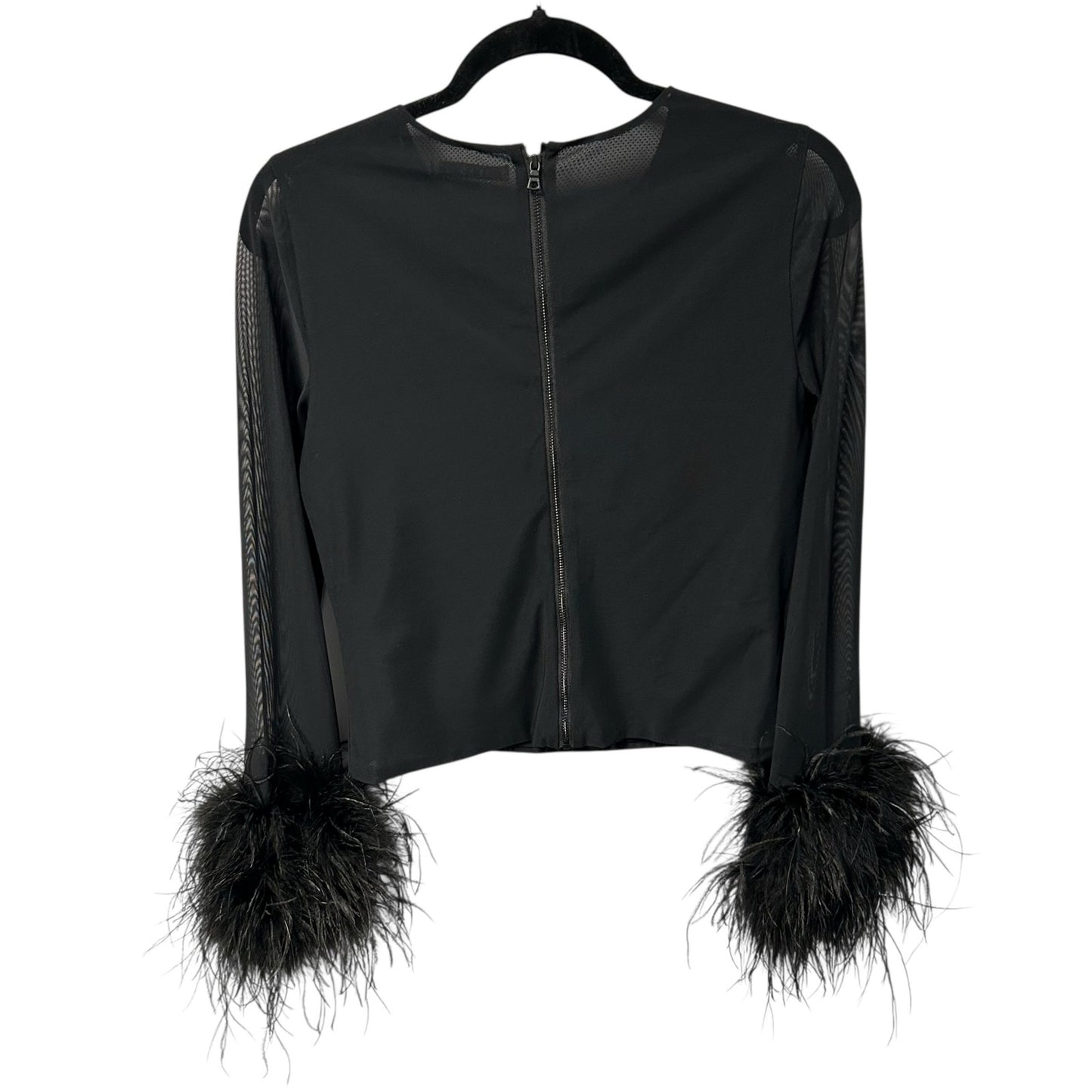 Alice + Olivia Black Delaina Feather Trim Cuff Mesh Long Sleeve Top Womens XL