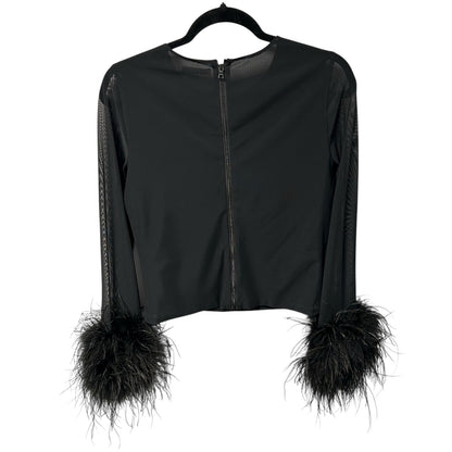 Alice + Olivia Black Delaina Feather Trim Cuff Mesh Long Sleeve Top Womens XL