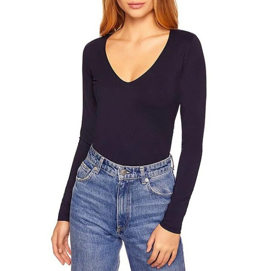 NWT Susana Monaco Black Signature Stretch V-Neck Long Sleeve Top Womens Small