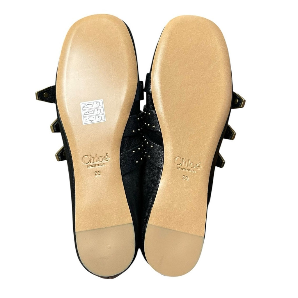 Chloe Susan Black Gold Studded Buckled Round Toe Leather Flats Womens 39 / US 9