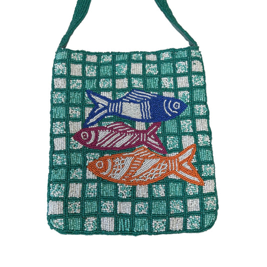Zara Green Multicolor Beaded Sardine Fish Print Mini Bucket Single Strap Bag