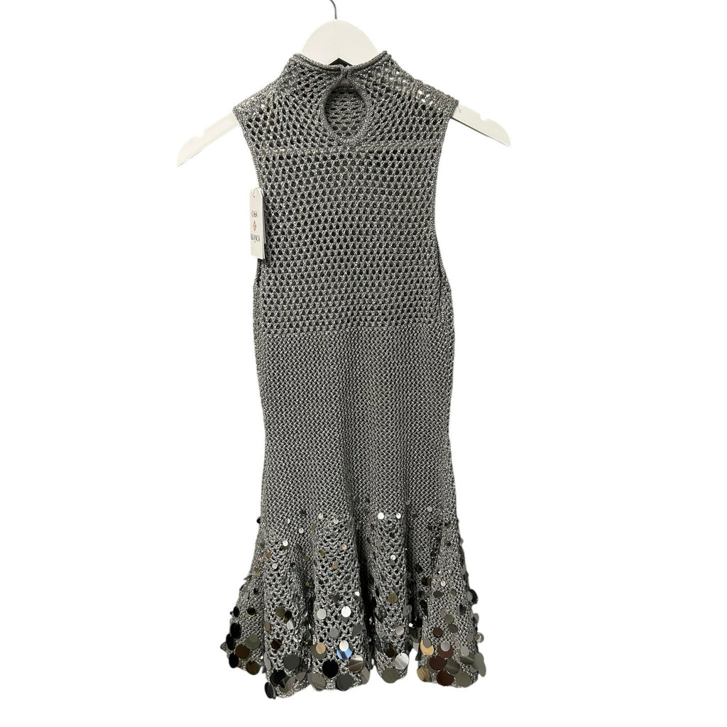 NWT Casablanca Silver Sequin Embellished Crochet Mirror Mini Dress Womens Small
