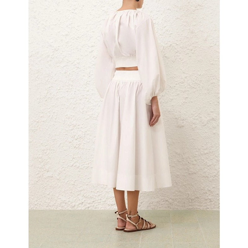 NWT Zimmermann Ivory Ribbed Mid Rise Cotton Gathered Poplin Midi Skirt Womens 4