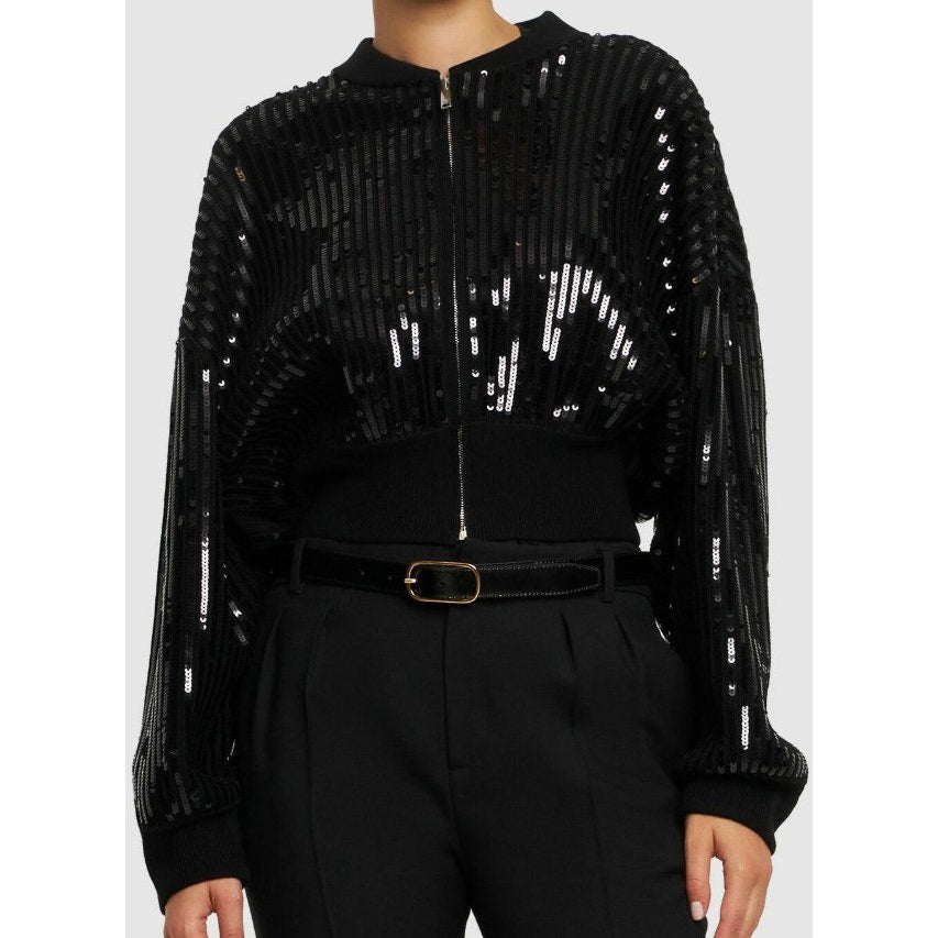 Alexandre Vauthier Black Sequined Knit Jacket Full Zip Cropped Womens Size XS
