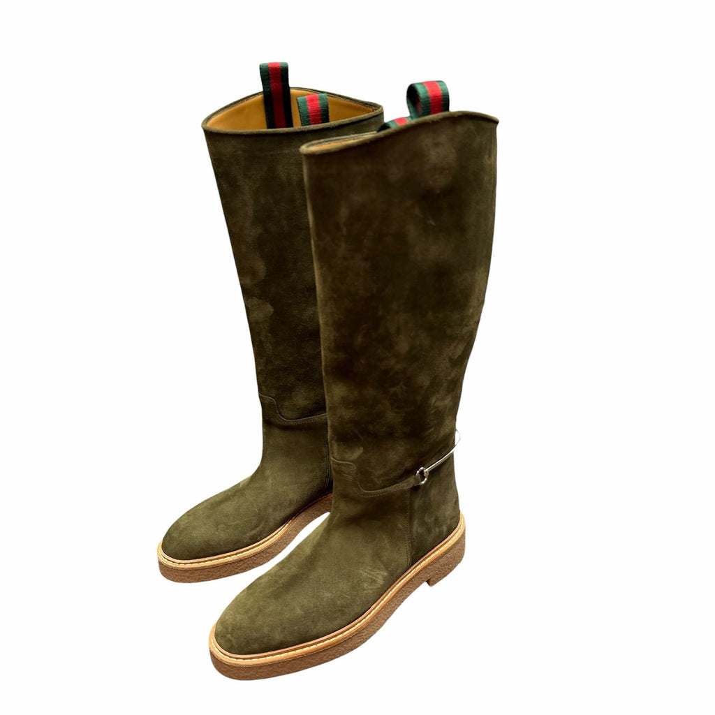 Gucci Slim Horsebit Accent Tall Boots Green Suede Womens Size 39 / US 9 Luxury