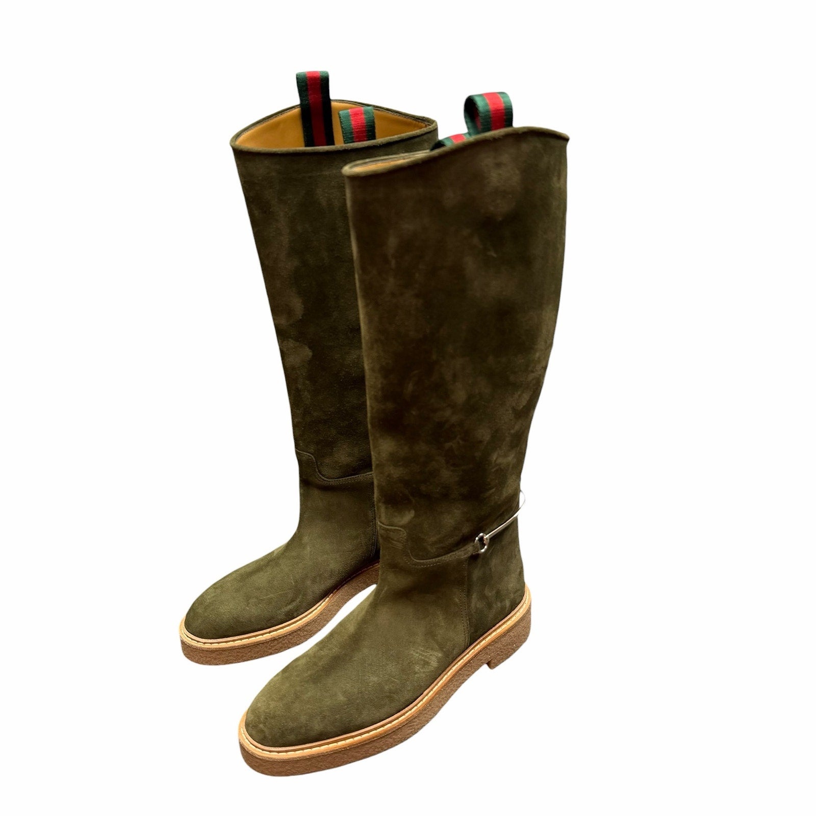 Gucci Slim Horsebit Accent Tall Boots Green Suede Womens Size 39 / US 9 Luxury