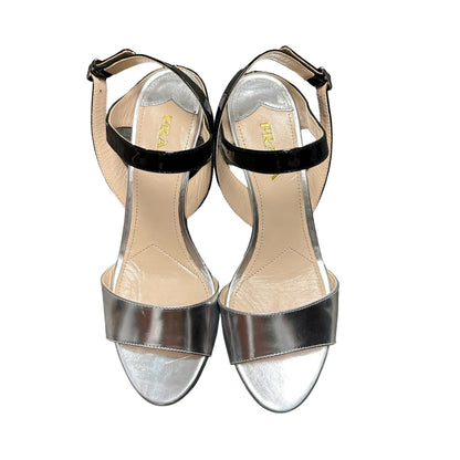 Prada Metallic Silver & Black Slingback Adjustable Wedge Sandal 39 / US 9