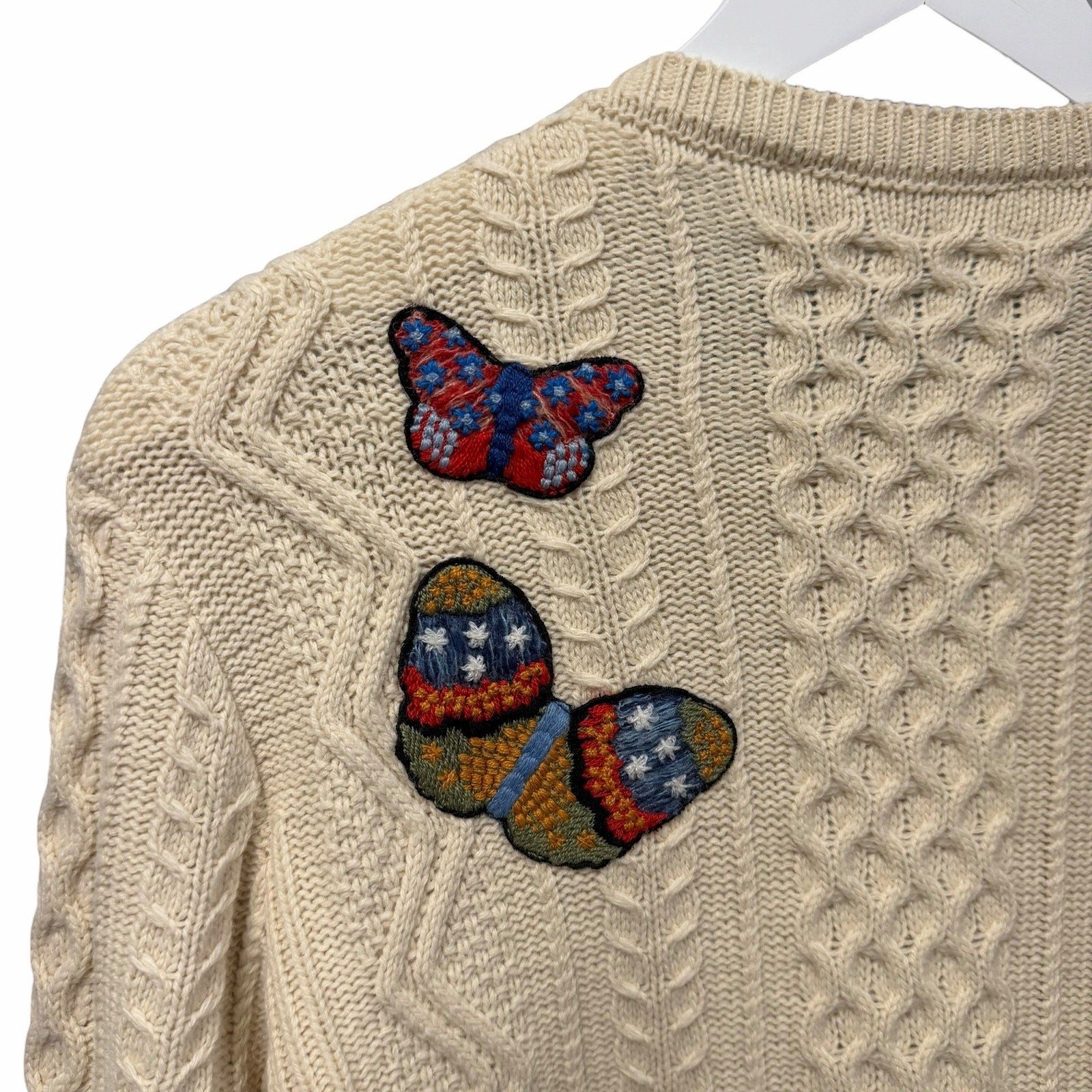 Valentino Butterfly Embroidered Sweater Cream Multicolor Cable Knit Size Medium