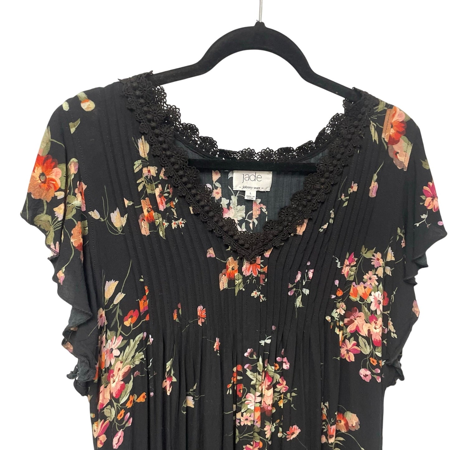 Jade Johnny Was Palma Pintuck Tunic Dress Black Floral Print Womens Size Large
