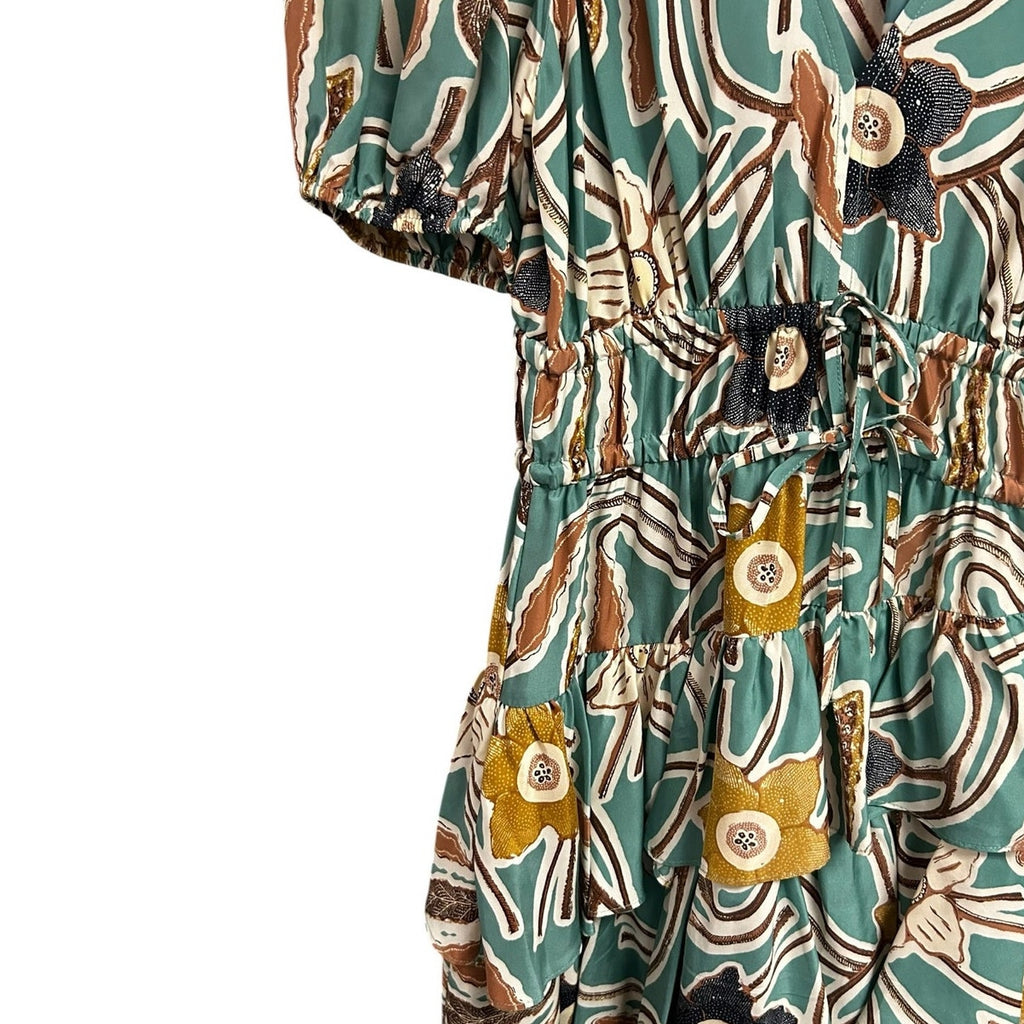 Ulla Johnson Farah Passion Flower Print Tiered Silk Tafetta Mini Dress Womens 2