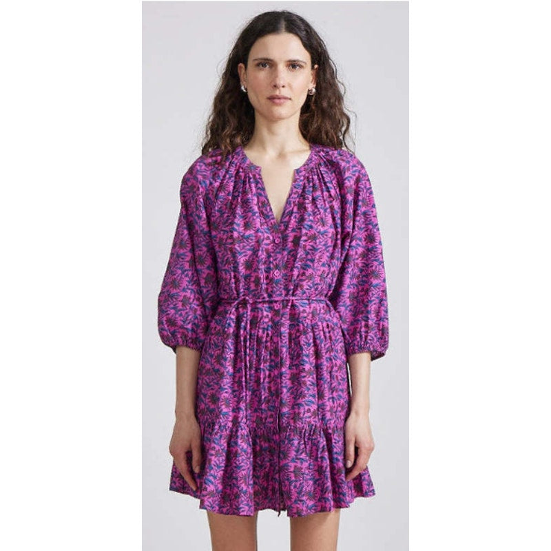 Apiece Apart Palm Floral Mini Mitte Dress Fuchsia Multi Puff Sleeves Size Small