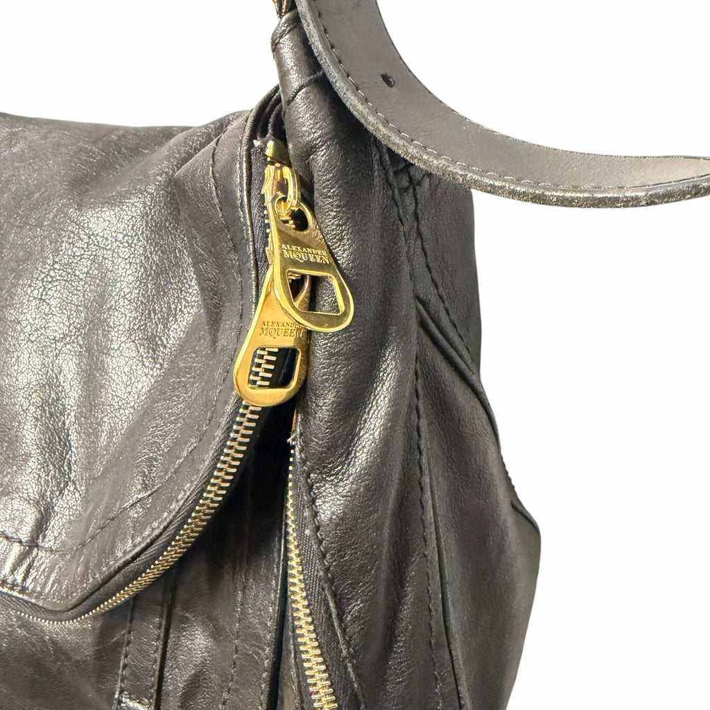 Alexander McQueen Black Leather Front Flap Messenger Handbag Gold Toned Hardware