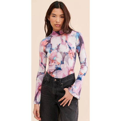 Anthropologie Pilcro Velvet Turtleneck Sweater Purple Floral Pattern Size Large