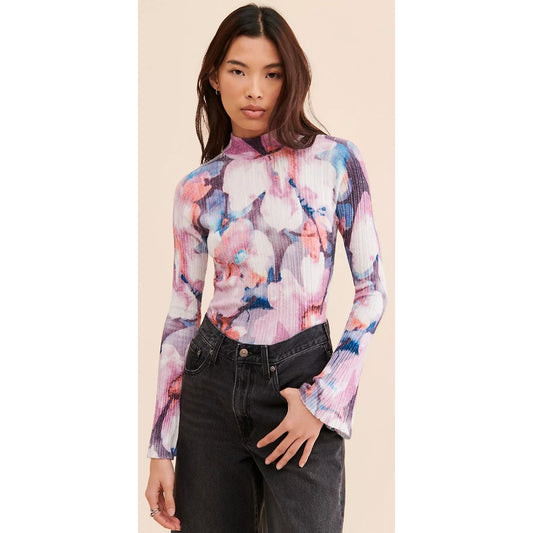 Anthropologie Pilcro Velvet Turtleneck Sweater Purple Floral Pattern Size Large