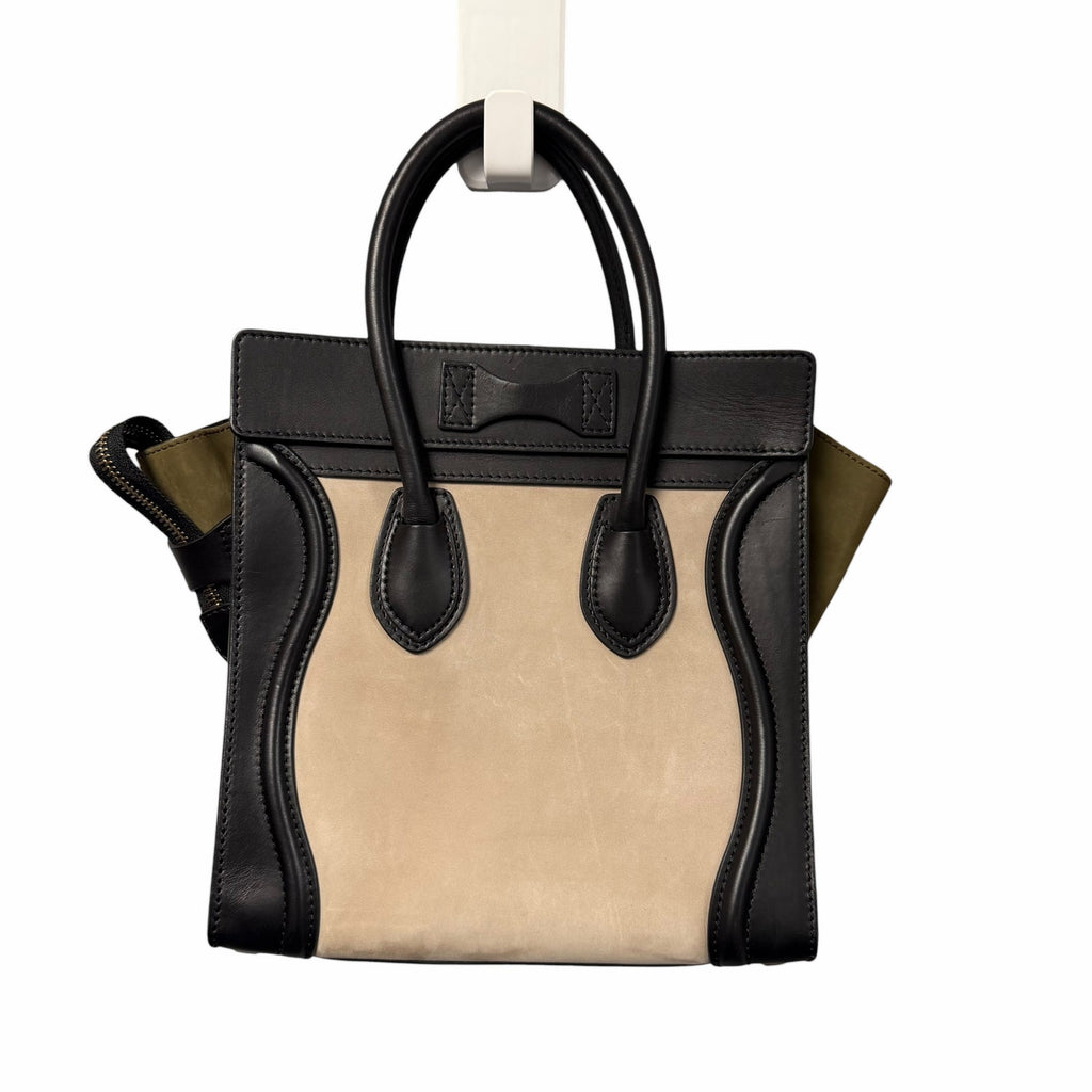 Celine Tricolor Luggage Handbag Color Block Neutrals Leather Green Black Beige
