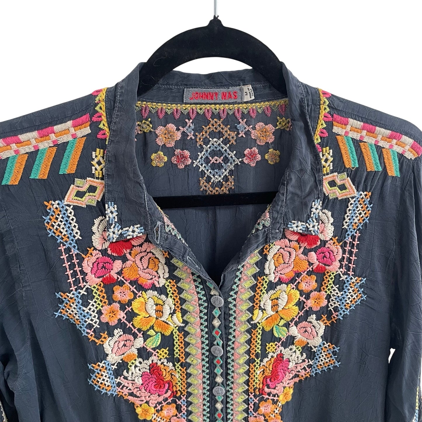 Johnny Was Festival Georgette Tunic Navy Multicolor Embroidery Womens Medium