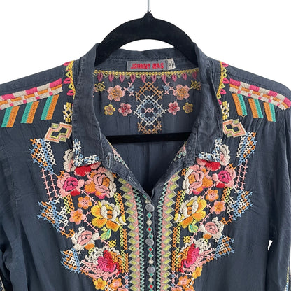 Johnny Was Festival Georgette Tunic Navy Multicolor Embroidery Womens Medium