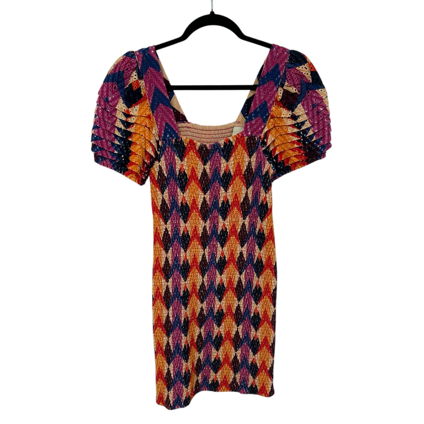 Farm Rio Lindeza Grafica Puff Sleeve Multi Smocked Mini Dress Womens Medium