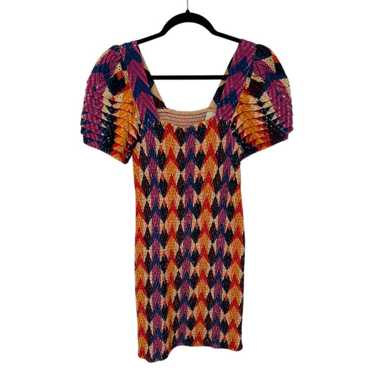 Farm Rio Lindeza Grafica Puff Sleeve Multi Smocked Mini Dress Womens Medium
