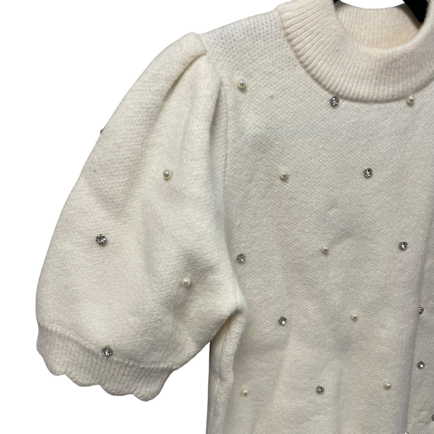 English Factory Scalloped Puff Sleeve Embellishment Knit Sweater Ivory Small