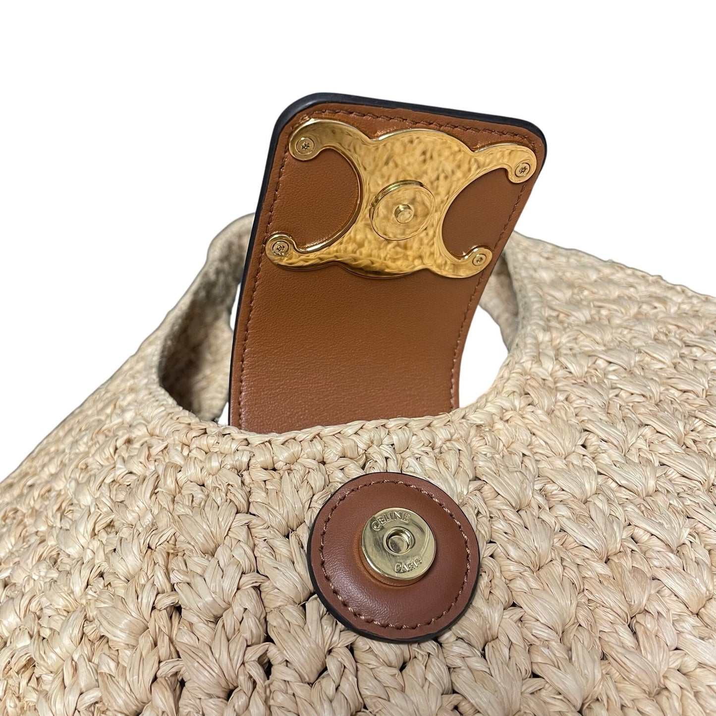 Celine Cabas Triangle Raffia and Calfskin Leather Tote Handbag in Natural / Tan