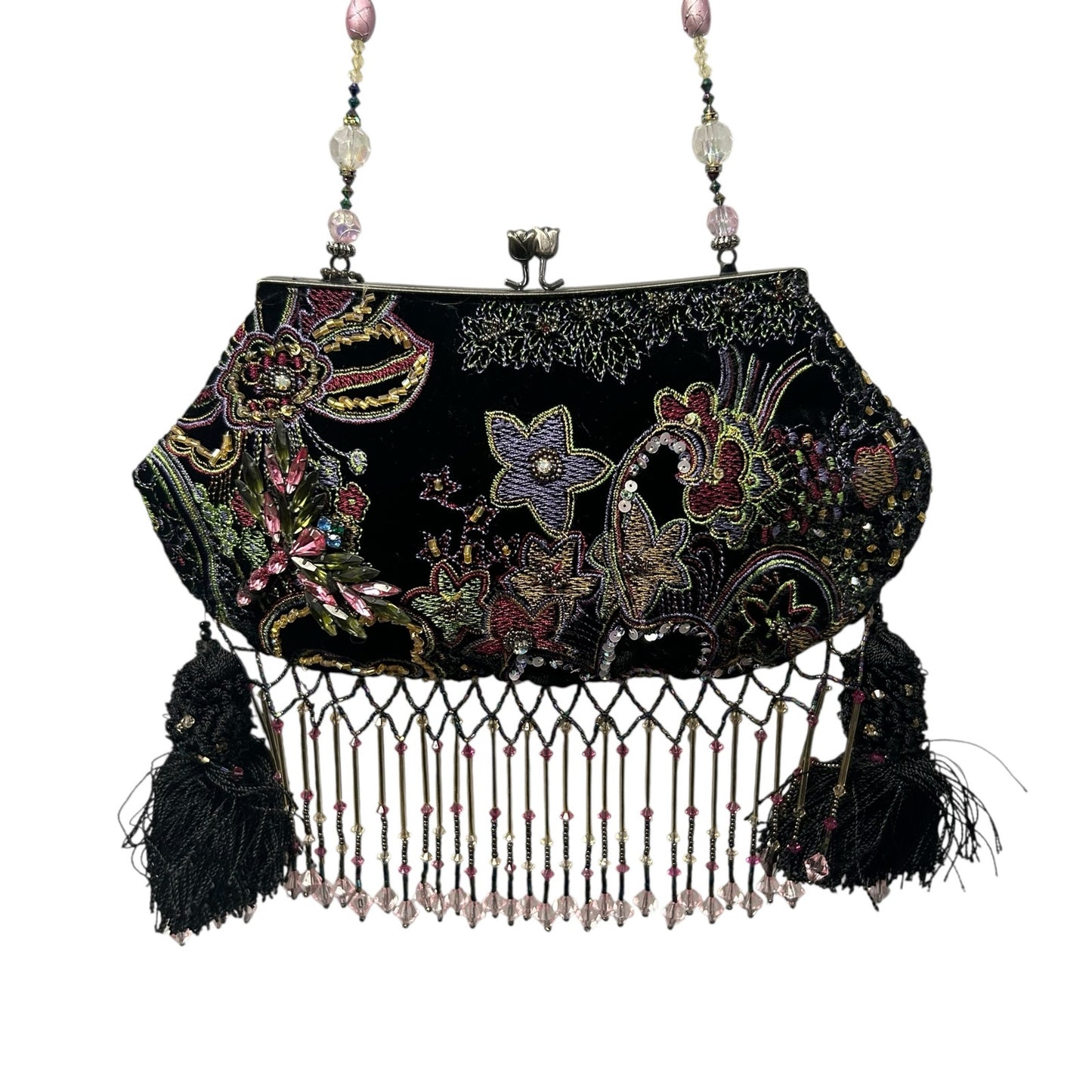 Vintage Mary Frances Sequin Rhinestone Embellished Beaded Fringe Evening Bag