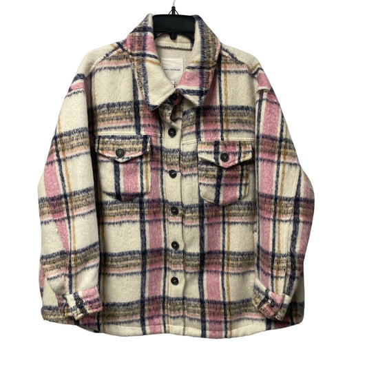 Avec Les Filles Pink Cream Plaid Button Front Shirt Jacket Womens Plus Size 3X