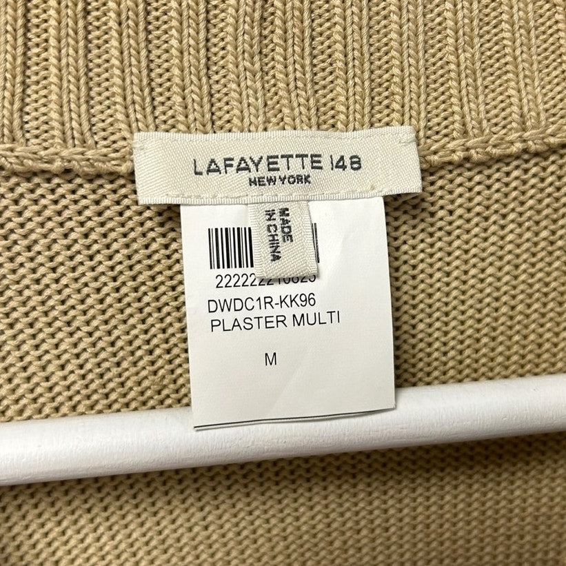 Lafayette 148 Plaster Tan White Fringe Trim Cutout Sweater Womens Medium