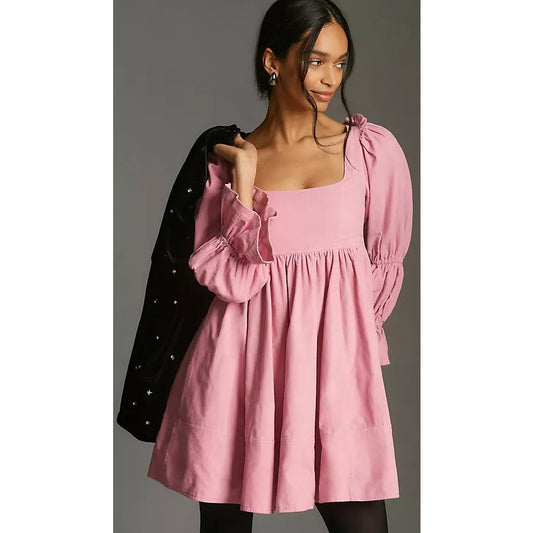Pilcro Square Neck Corduroy Babydoll Mini Dress Light Pink Womens Size Large