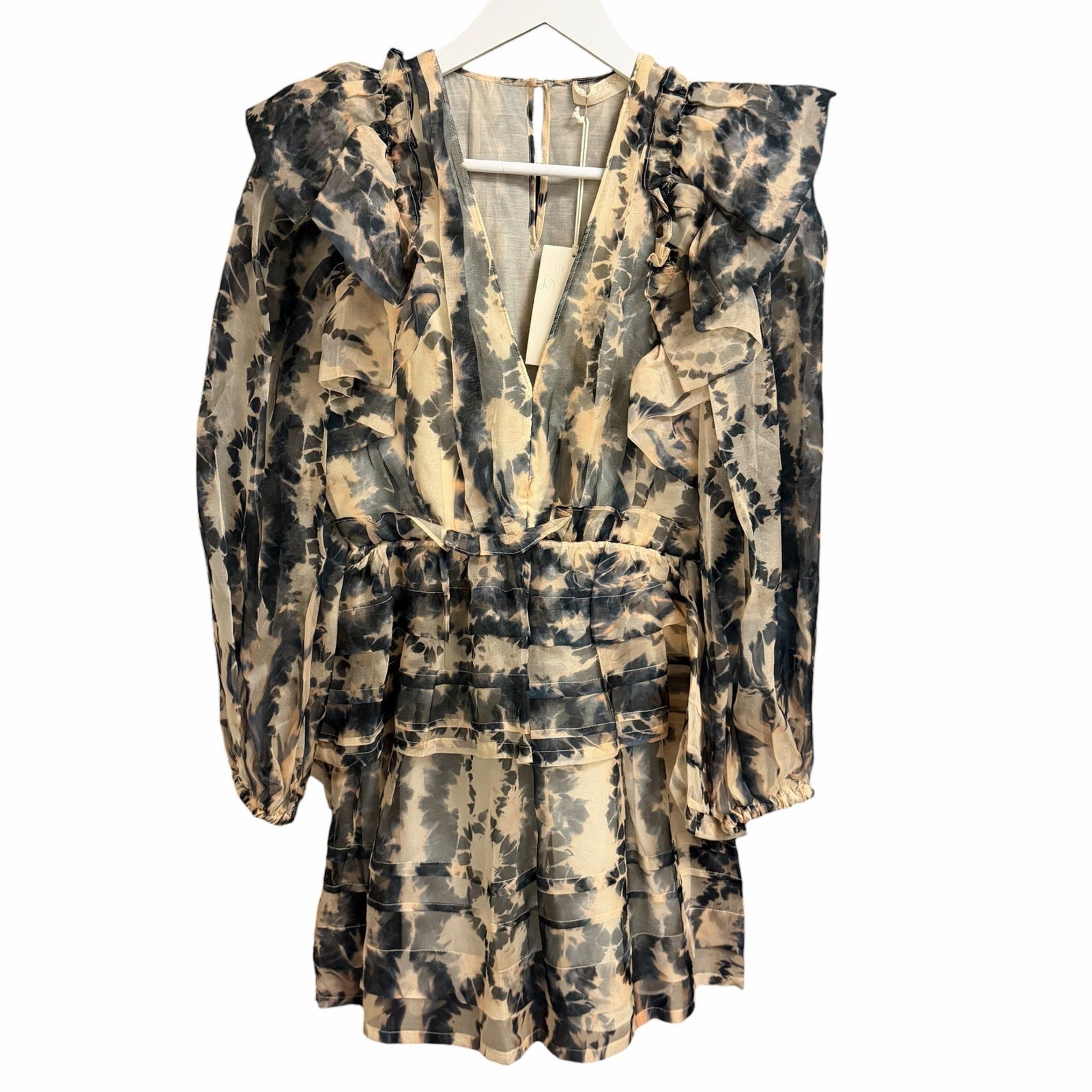 NWT Ulla Johnson Silk Adelaide Ruffled Mini Dress Abstract Fossil Print Size 0