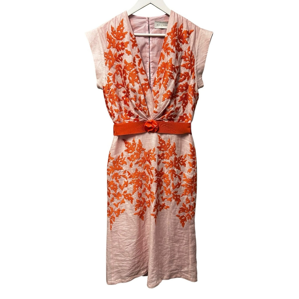 NWT Silvia Tcherassi Pink Orange Embroidered Olive Midi Dress Womens Small