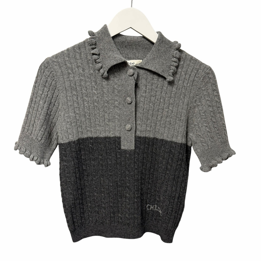NWT Chloe Short Sleeve Polo Sweater Wool Cashmere Confident Grey Size Small