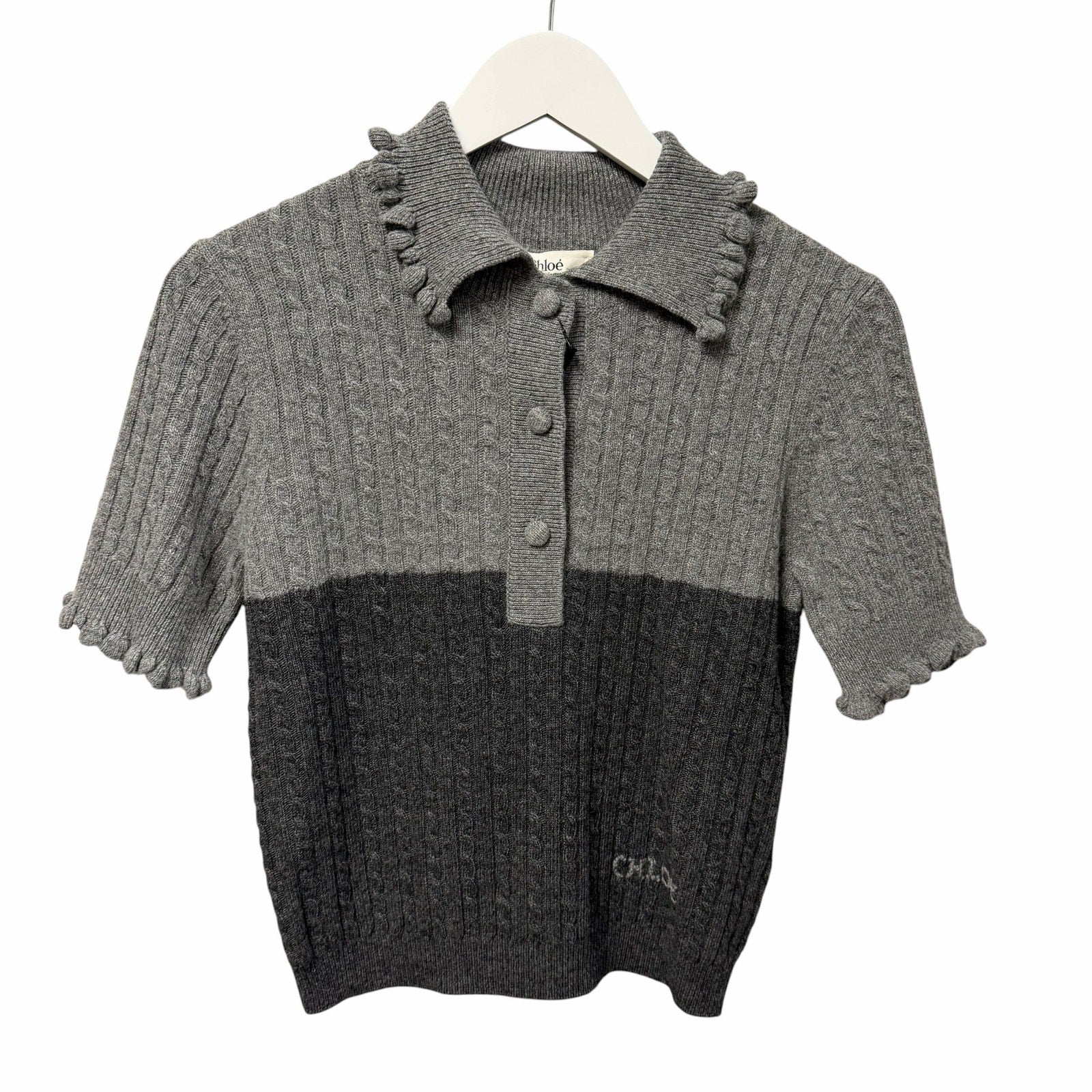 NWT Chloe Short Sleeve Polo Sweater Wool Cashmere Confident Grey Size Small
