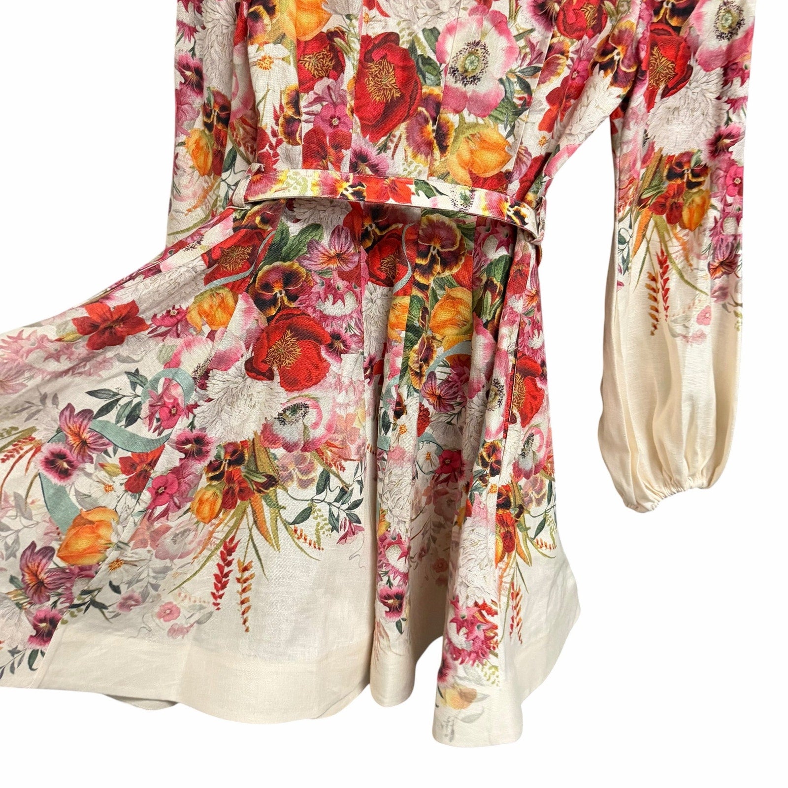 Zimmermann Wonderland Belted Floral Print Linen Mini Dress Size AU 0 / US 4