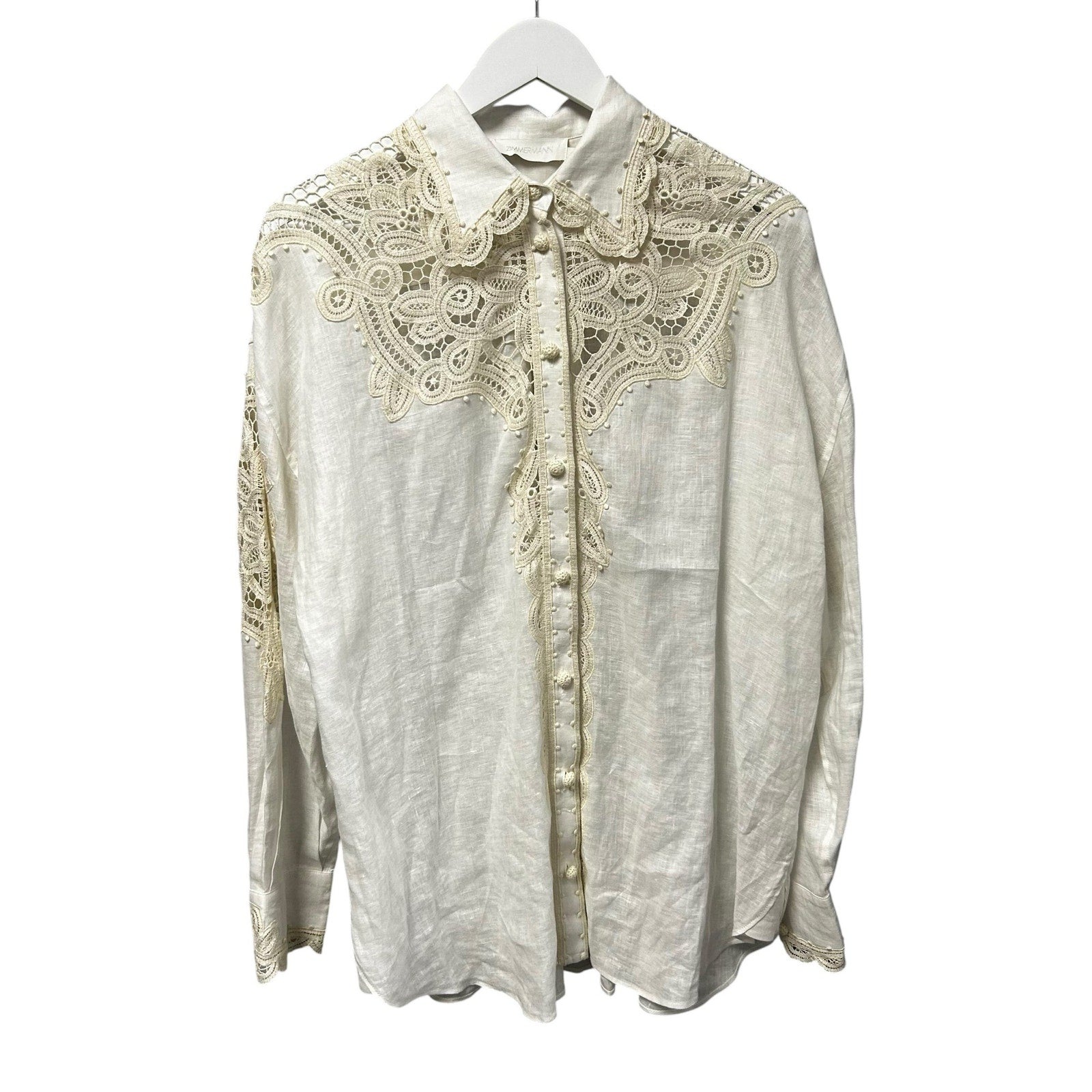 Zimmermann Ivory Cream Laurel Crochet Embellished Linen Shirt Womens 2 / US 8