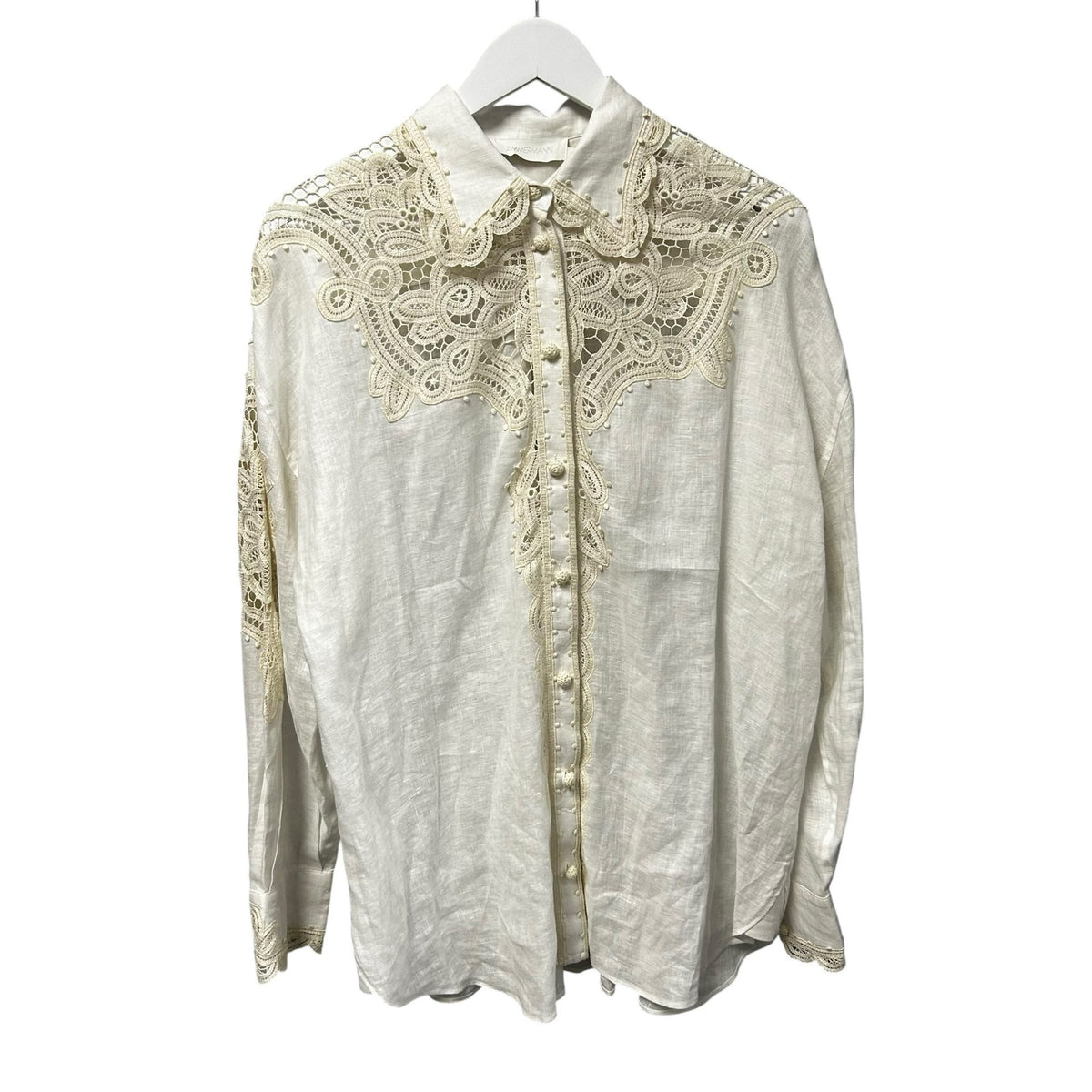 Zimmermann Ivory Cream Laurel Crochet Embellished Linen Shirt Womens 2 / US 8