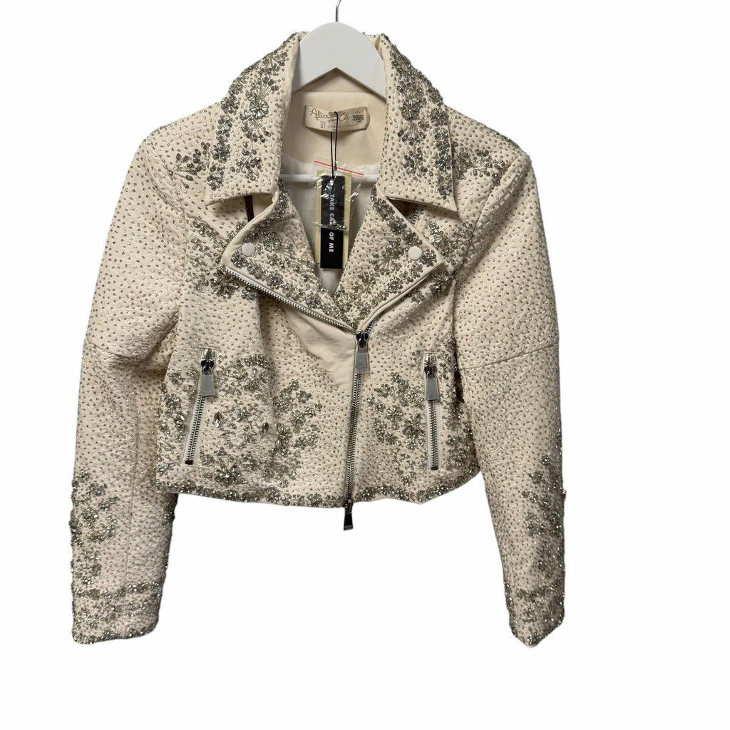 NWT Alice + Olivia Avril Embellished Vegan Moto Jacket Off White Womens Small