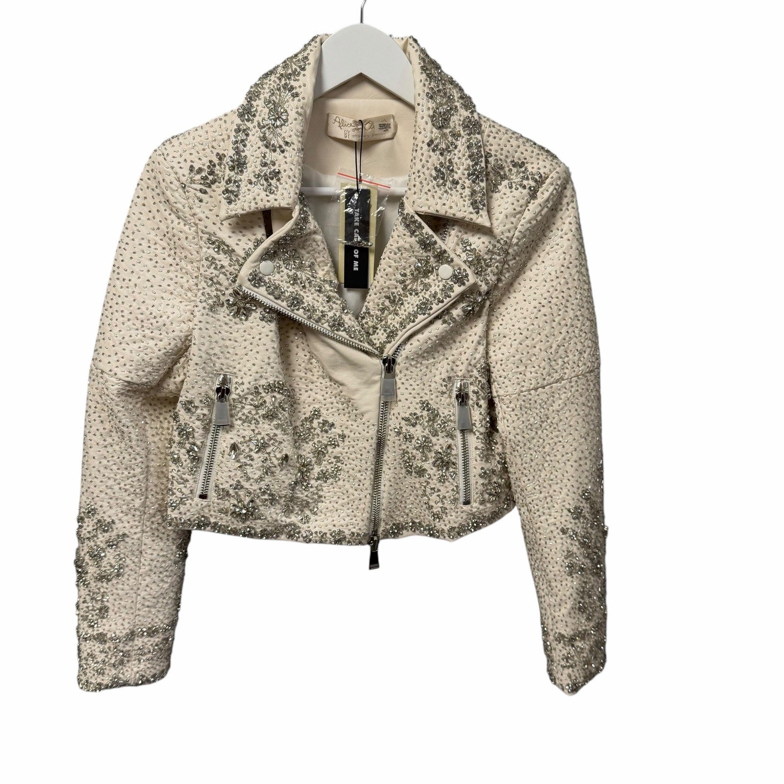 NWT Alice + Olivia Avril Embellished Vegan Moto Jacket Off White Womens Small