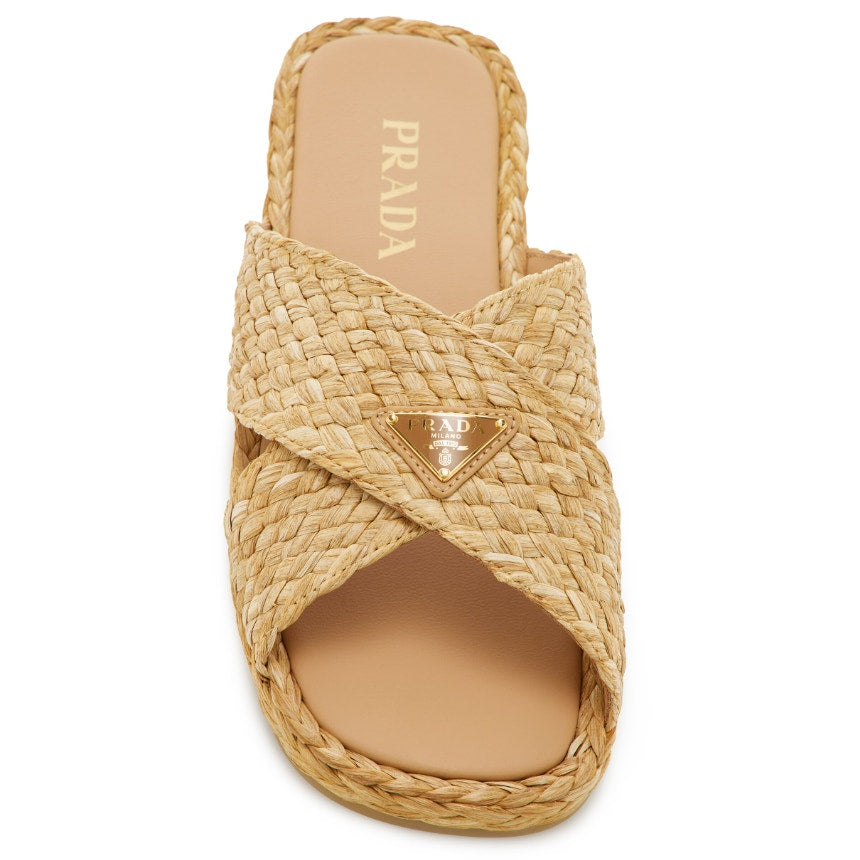Prada Raffia Criss Cross Slide Sandal Neutral Logo Emblem Size 39 / US 9 Luxury