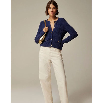 NWT J. Crew Navy Odette Cable Knit Sweater Jacket Cotton Boucle Womens Small