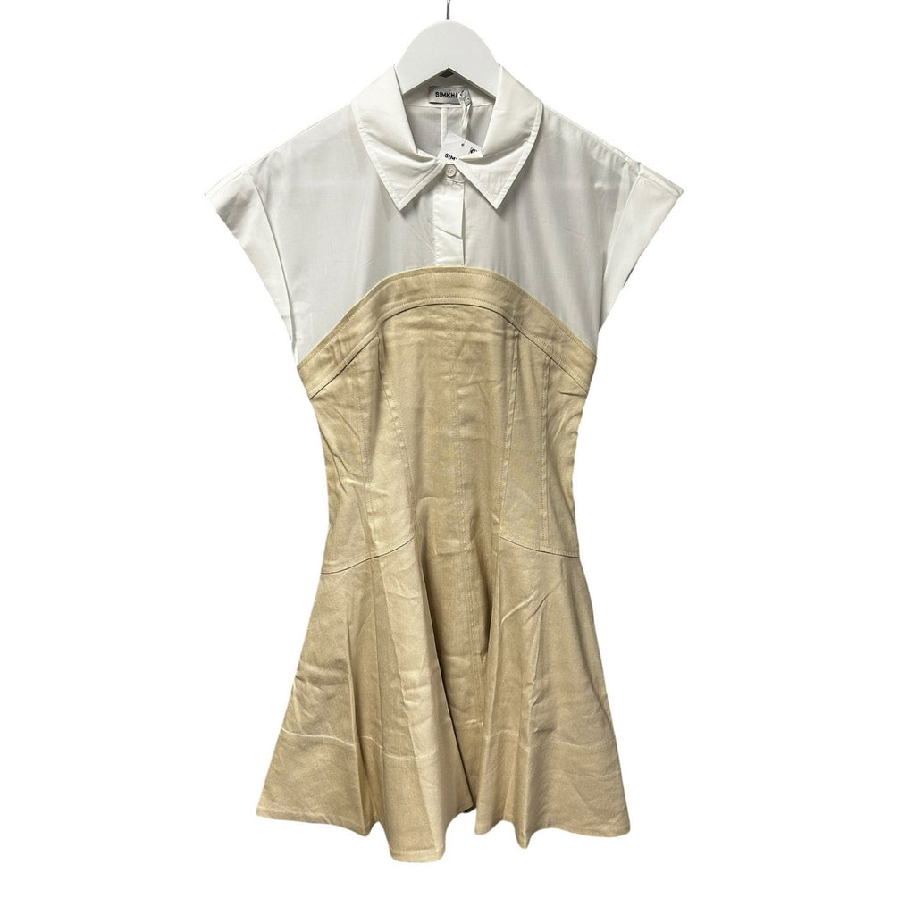 NWT Simkhai Sand Tan White Sundae Linen Blend Flare Mini Dress Womens 2