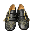 Chloe Susan Black Gold Studded Buckled Round Toe Leather Flats Womens 39 / US 9