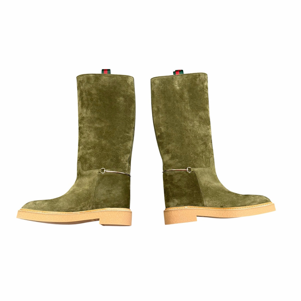 Gucci Slim Horsebit Accent Tall Boots Green Suede Womens Size 39 / US 9 Luxury