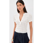 NWT Simkhai Ivory Mallorie Scalloped Knit Short Sleeve Polo Top Womens Medium