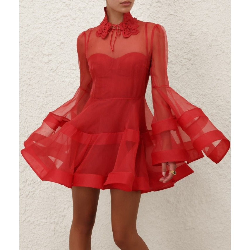 NWT Zimmermann Red Rebellion Lantern Silk Organza Mini Dress Womens US 4