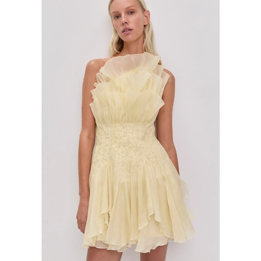 NWT Aje. Pastel Yellow Nisha One Shoulder Ruffle Mini Dress Womens US 4